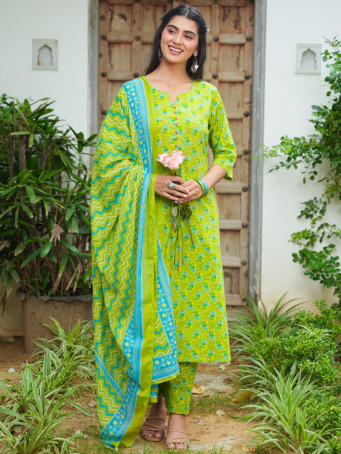 Soft Cotton Butti A-line Green Kurta