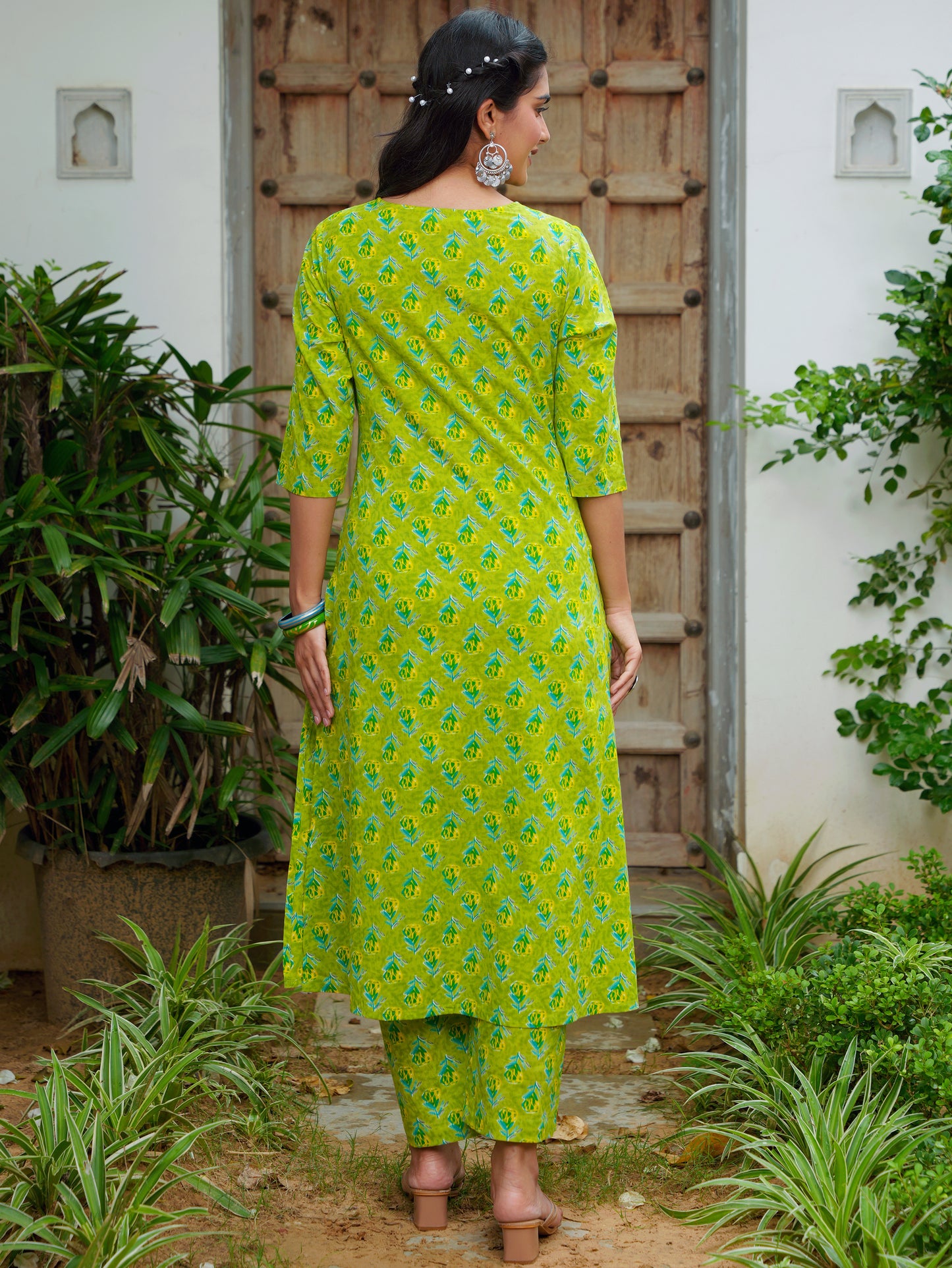 Soft Cotton Butti A-line Green Kurta