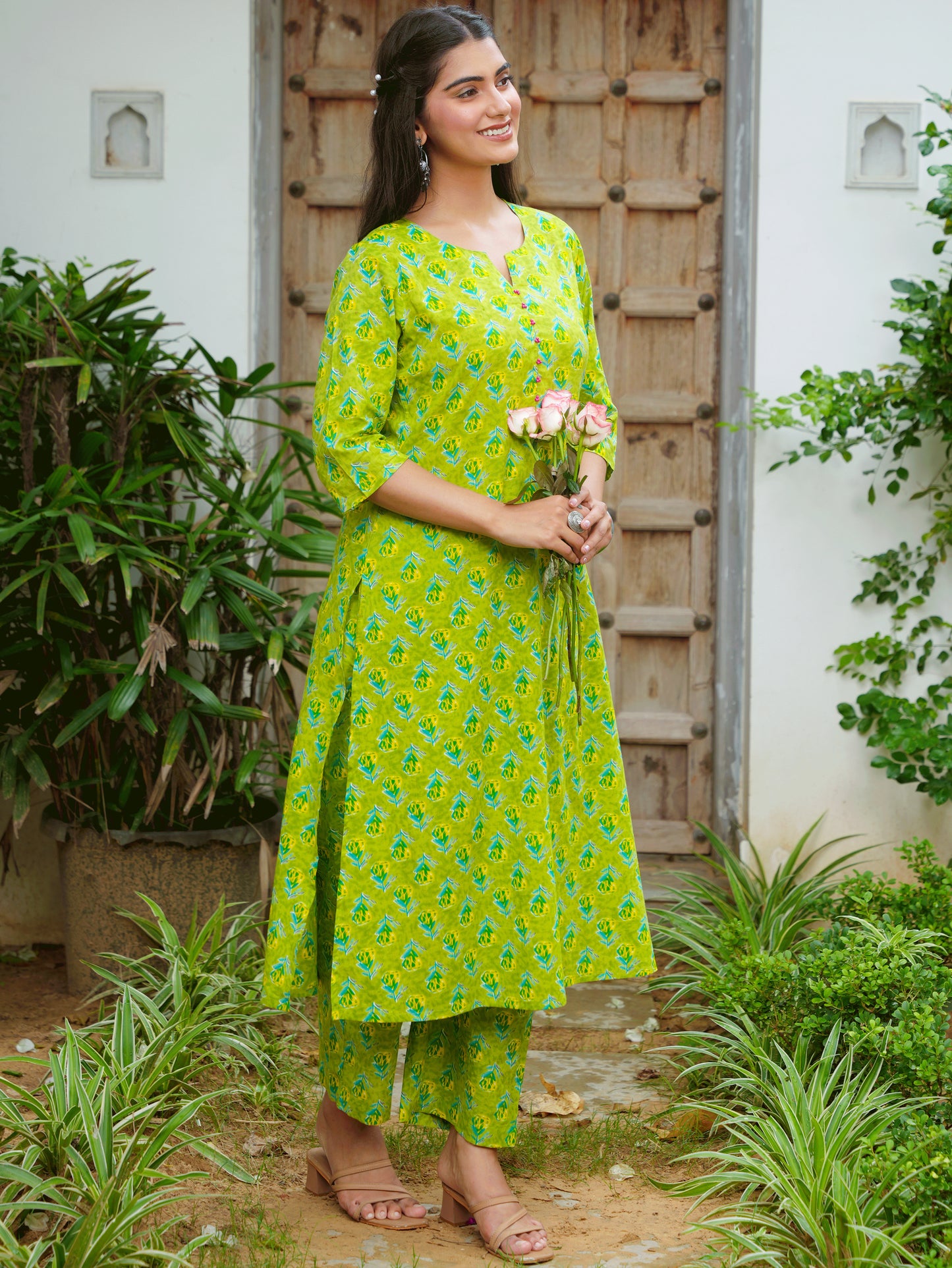 Soft Cotton Butti A-line Green Kurta
