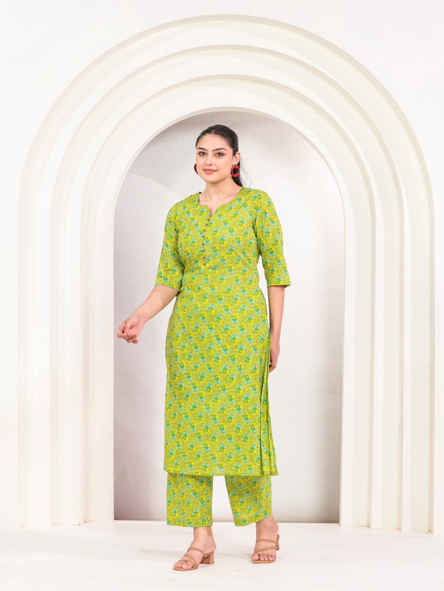 Soft Cotton Butti A-line Green Kurta
