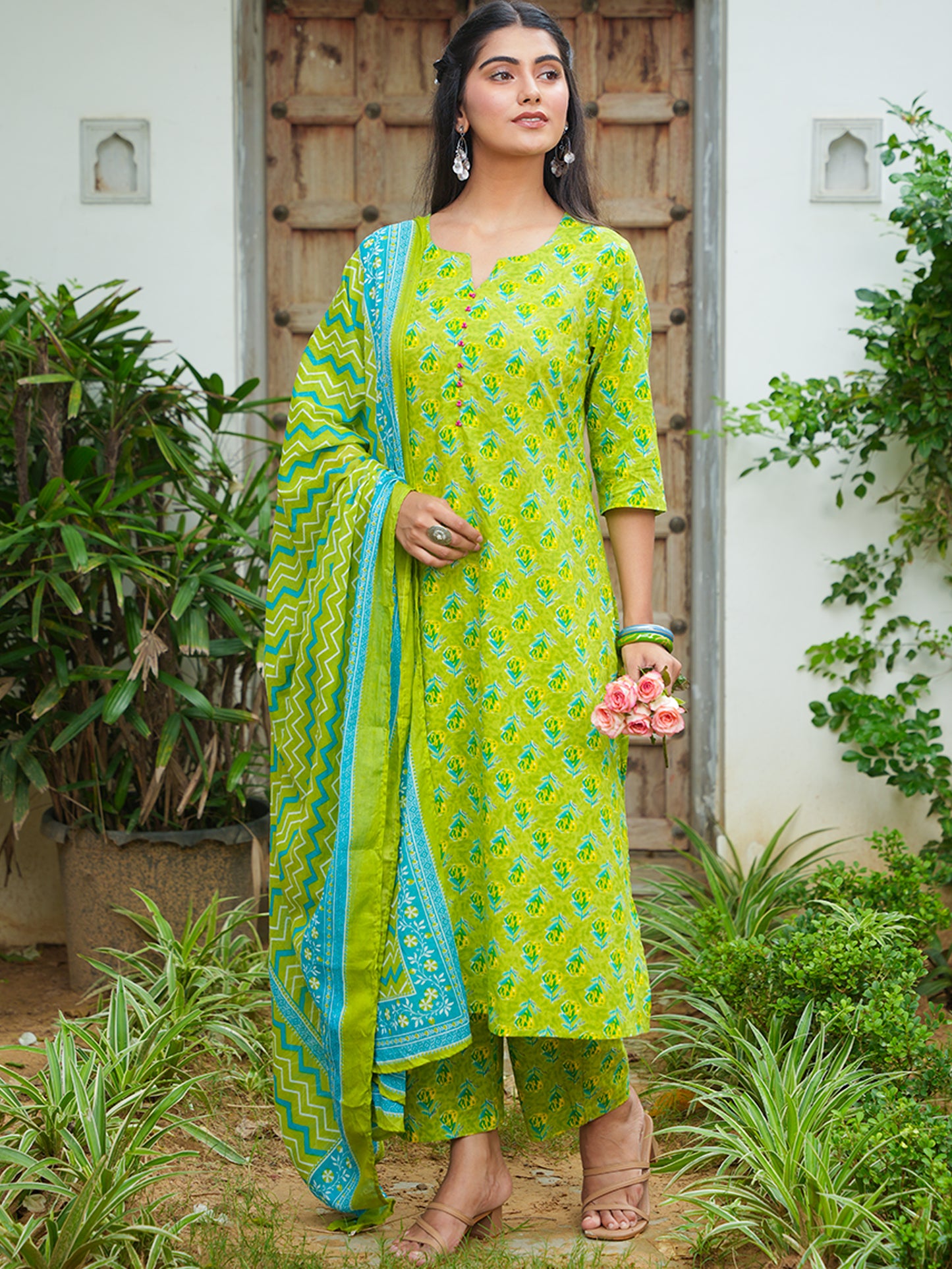 Soft Cotton Butti A-line Green Kurta