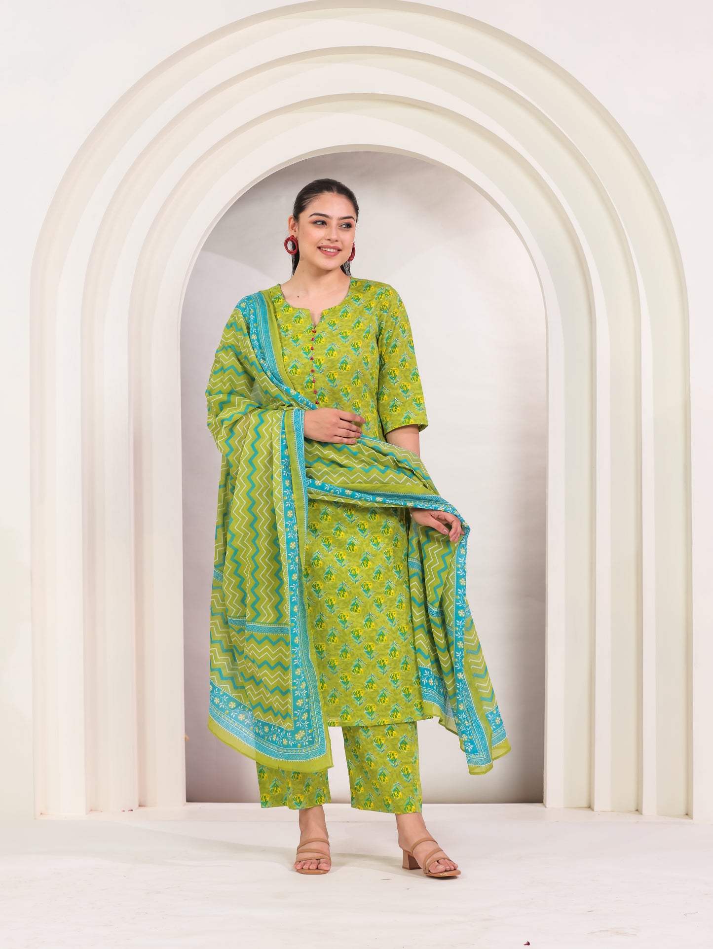 Soft Cotton Butti A-line Green Kurta