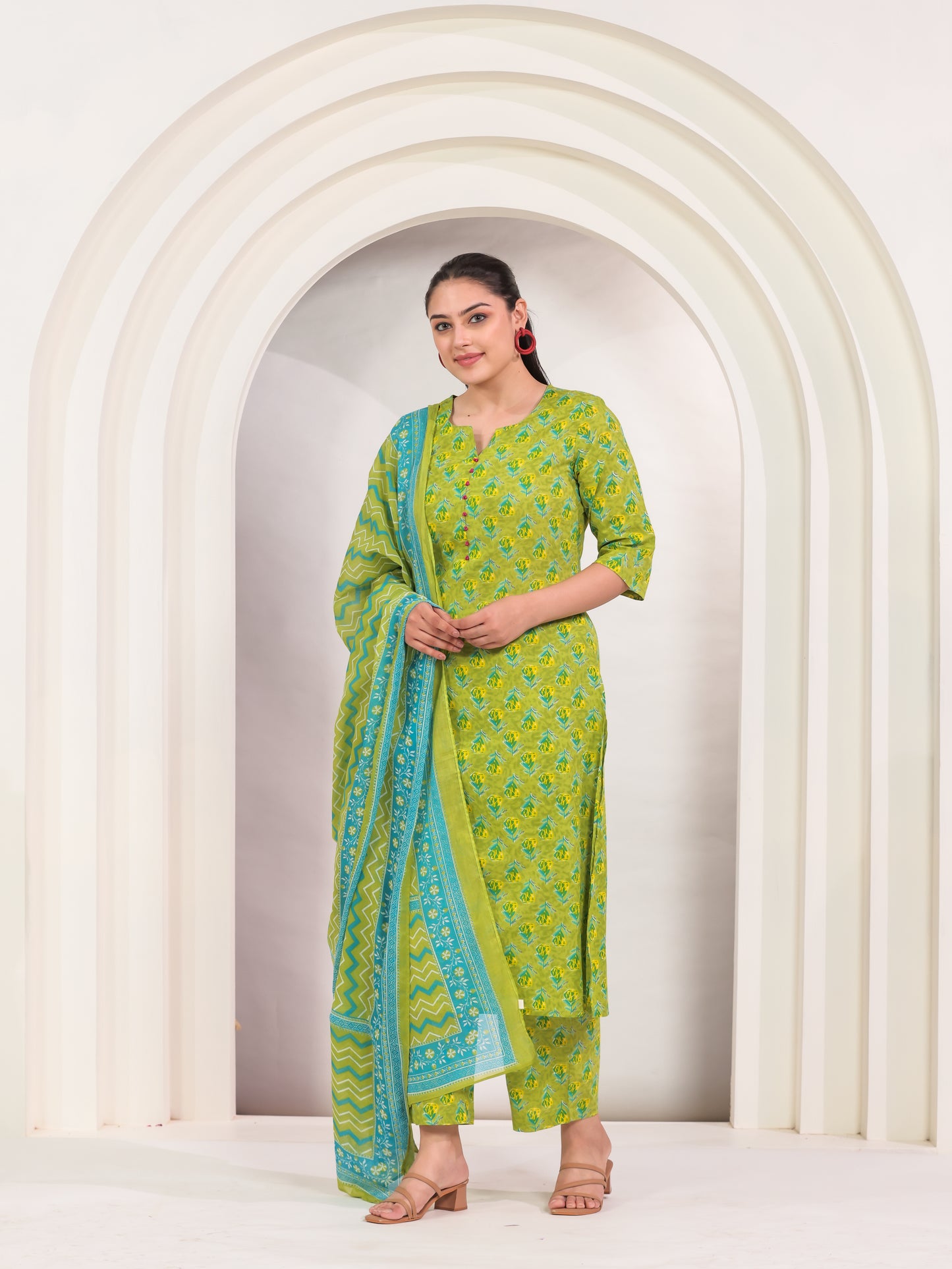 Soft Cotton Butti A-line Green Kurta