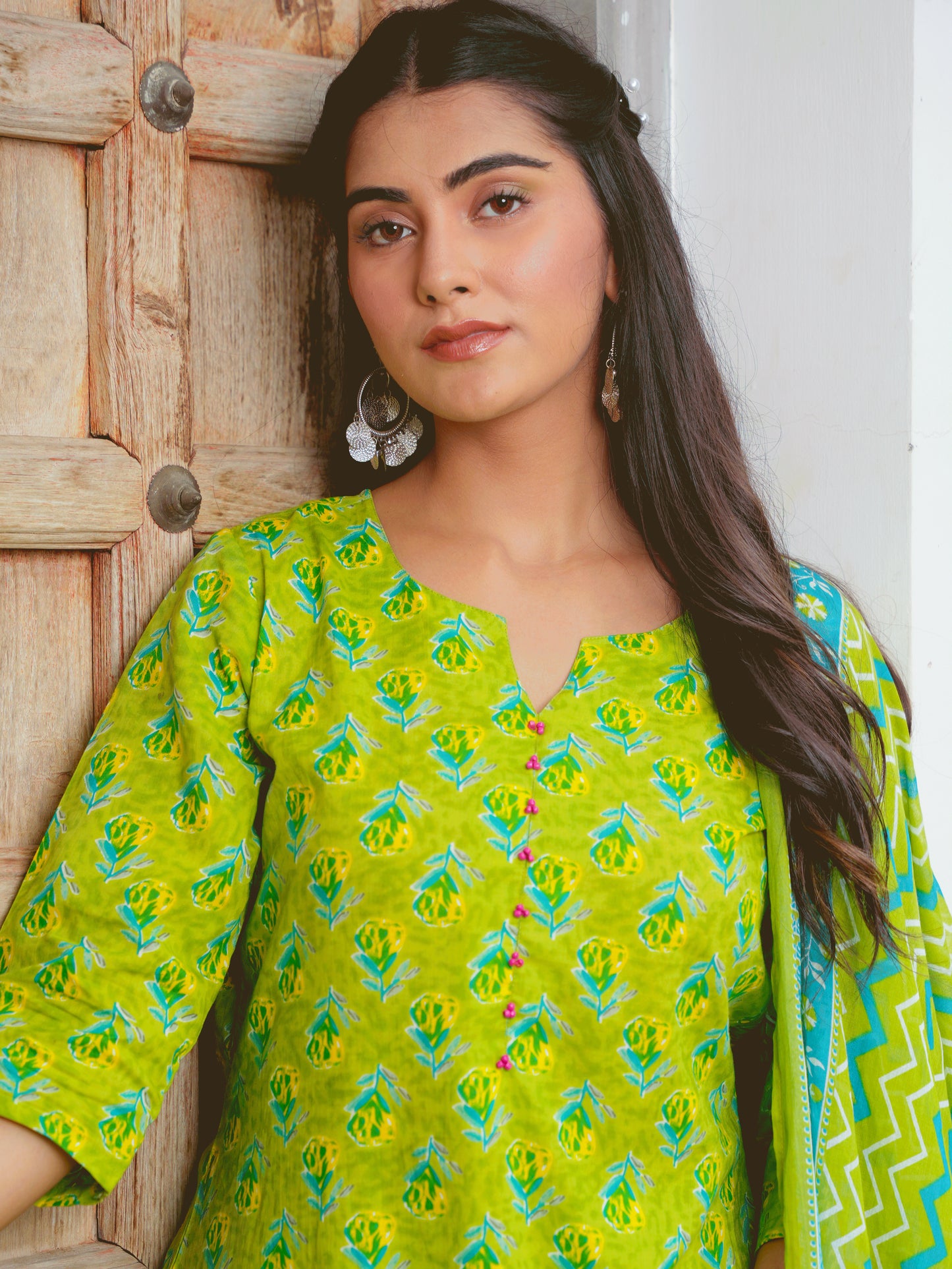 Soft Cotton Butti A-line Green Kurta