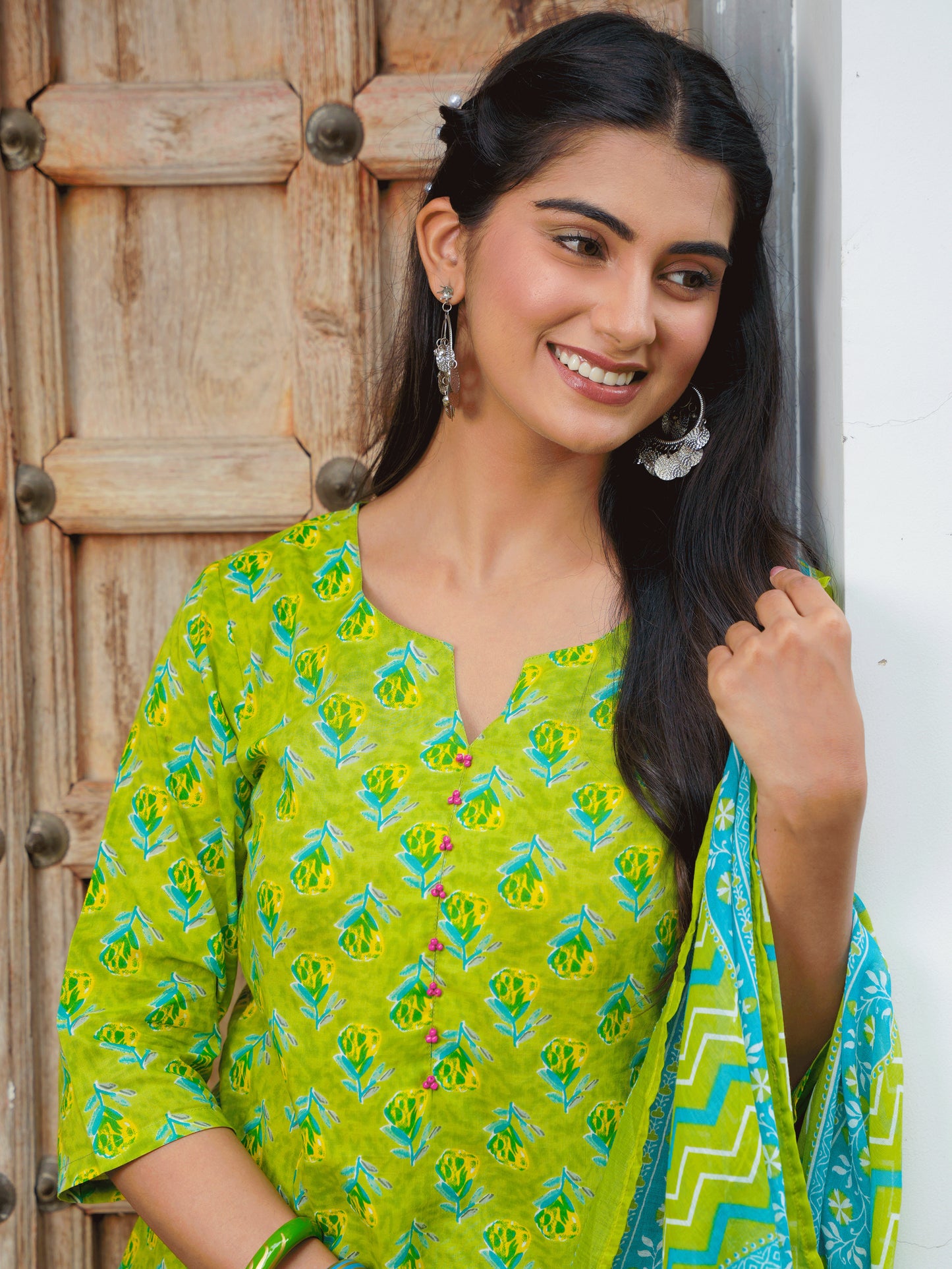 Soft Cotton Butti A-line Green Kurta