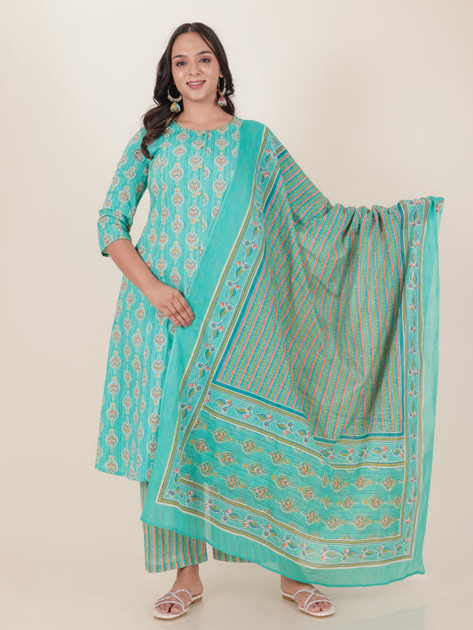 Soft Cotton Butti A-line Turquoise Kurta
