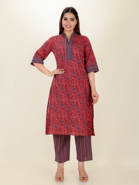 Soft Cotton Paisley Straight Red Kurta