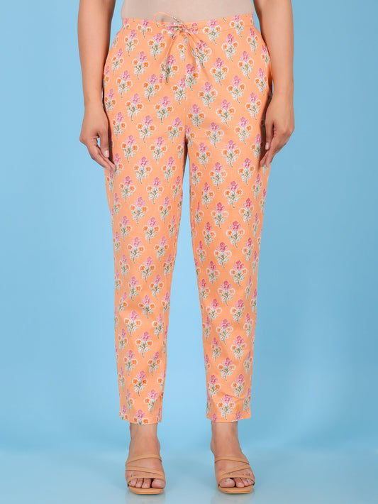 Soft Cotton Floral Orange Tapered Trousers