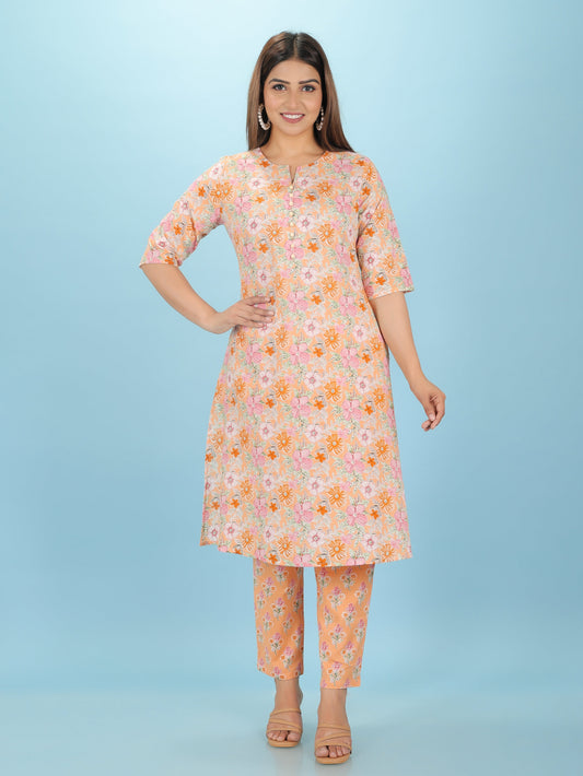 Soft Cotton Floral A-line Orange Kurta