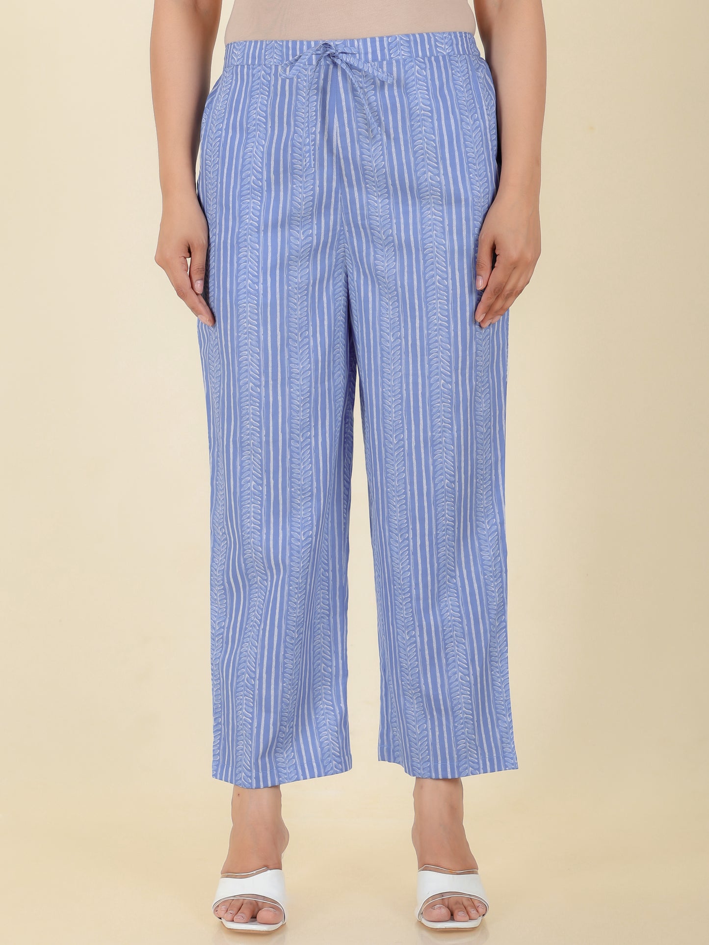 Soft Cotton Striped Blue Straight Trousers