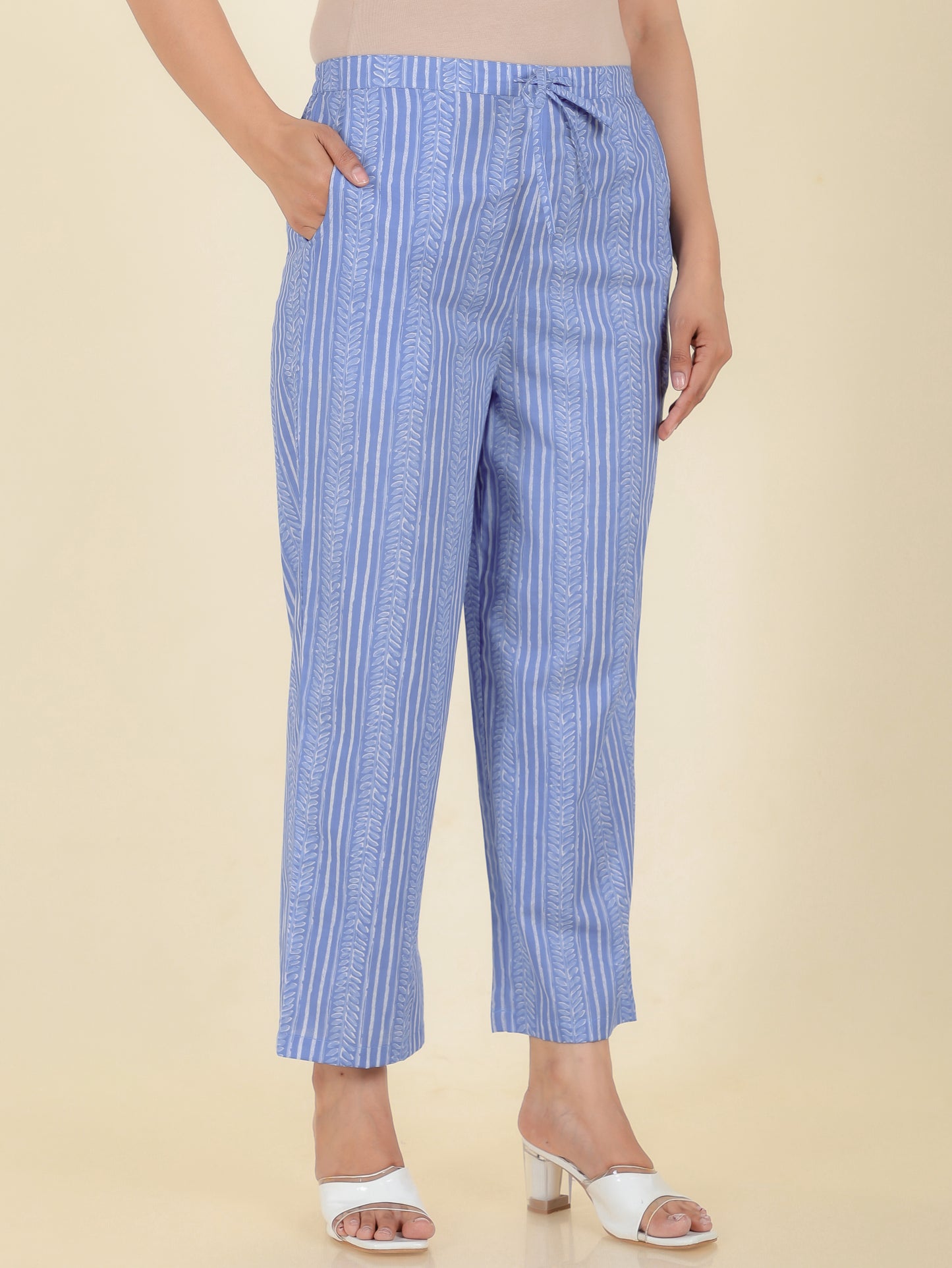 Soft Cotton Striped Blue Straight Trousers
