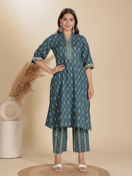 Soft Cotton Block Straight Blue Kurta