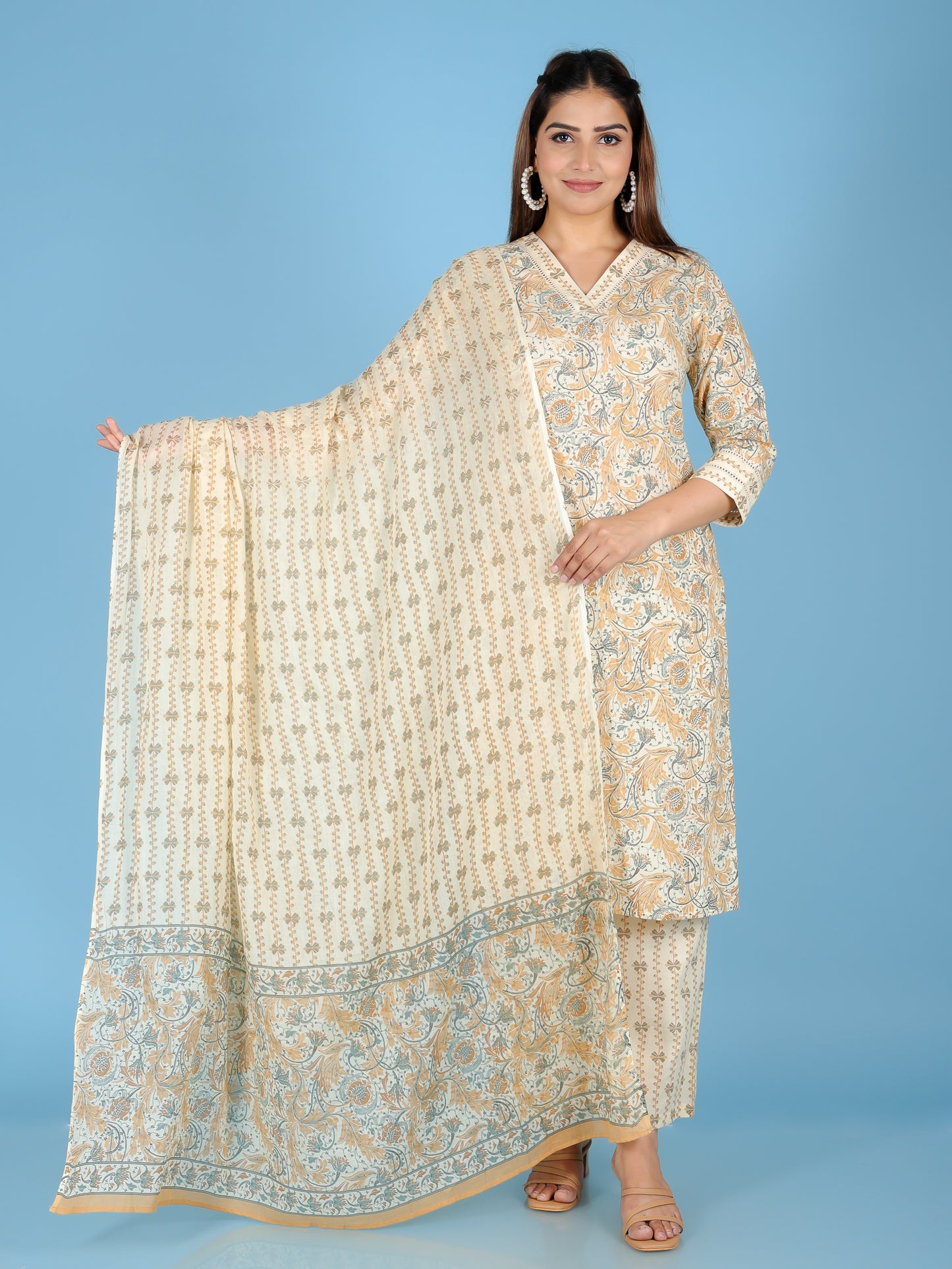 Voile Cotton Floral Beige Dupatta