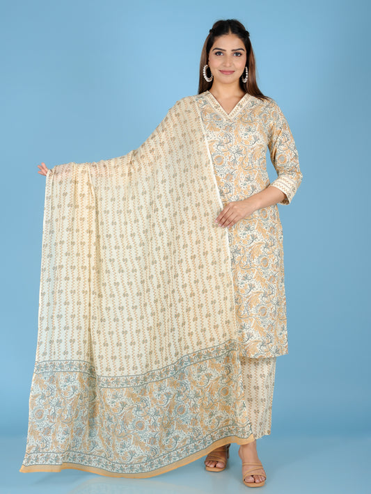 Voile Cotton Floral Beige Dupatta