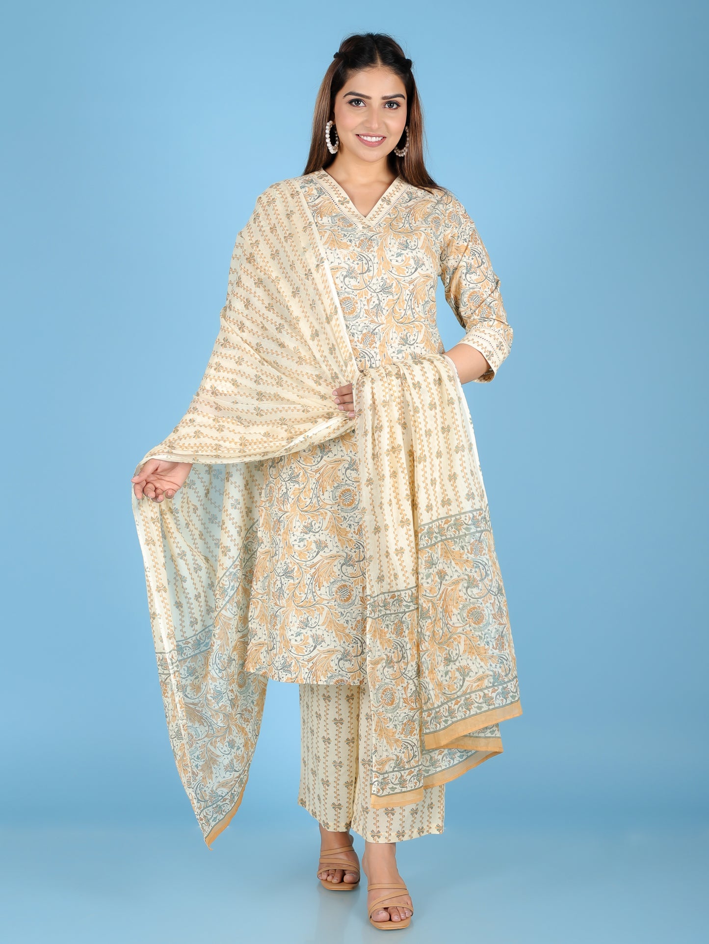 Voile Cotton Floral Beige Dupatta