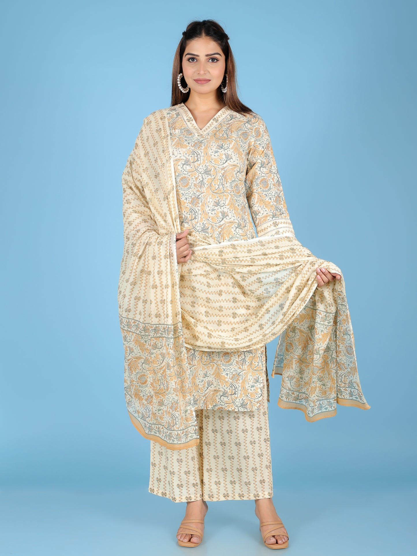 Voile Cotton Floral Beige Dupatta