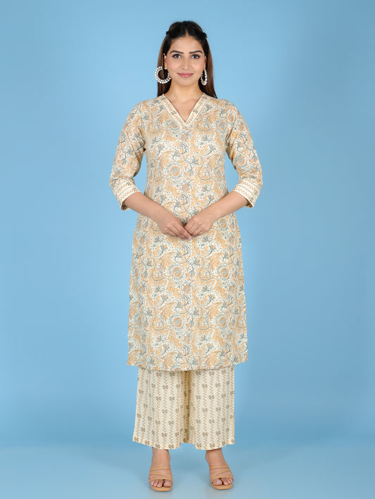 Soft Cotton Floral Straight Beige Kurta