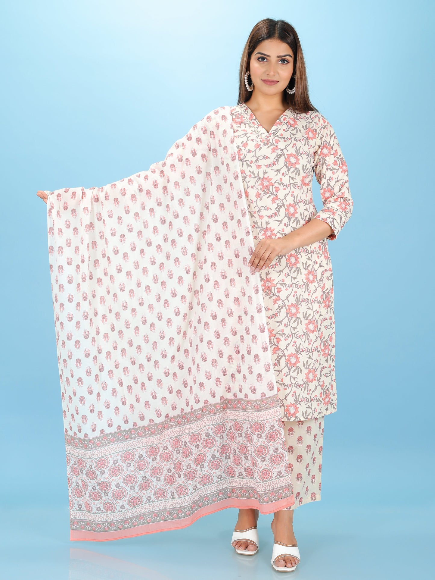 Voile Cotton Floral Beige Dupatta
