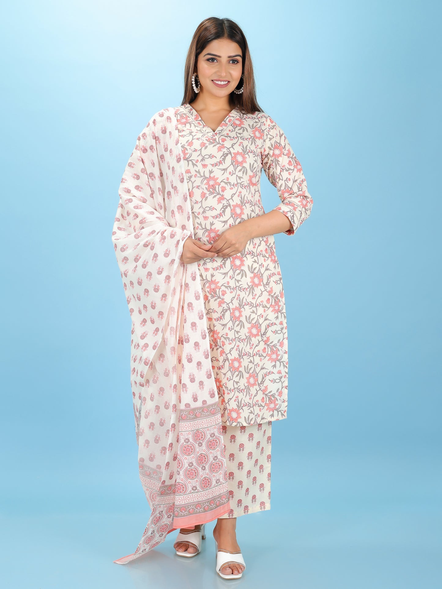 Voile Cotton Floral Beige Dupatta