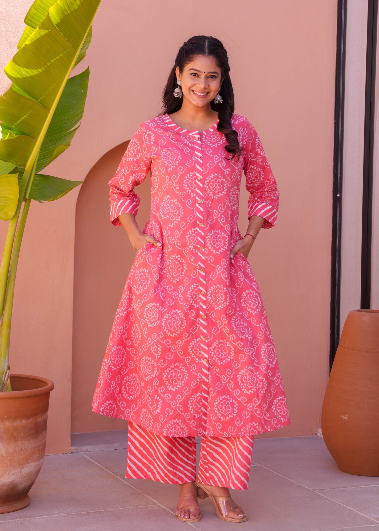 Embroidered Soft Cotton Bandhani Pink Kurta