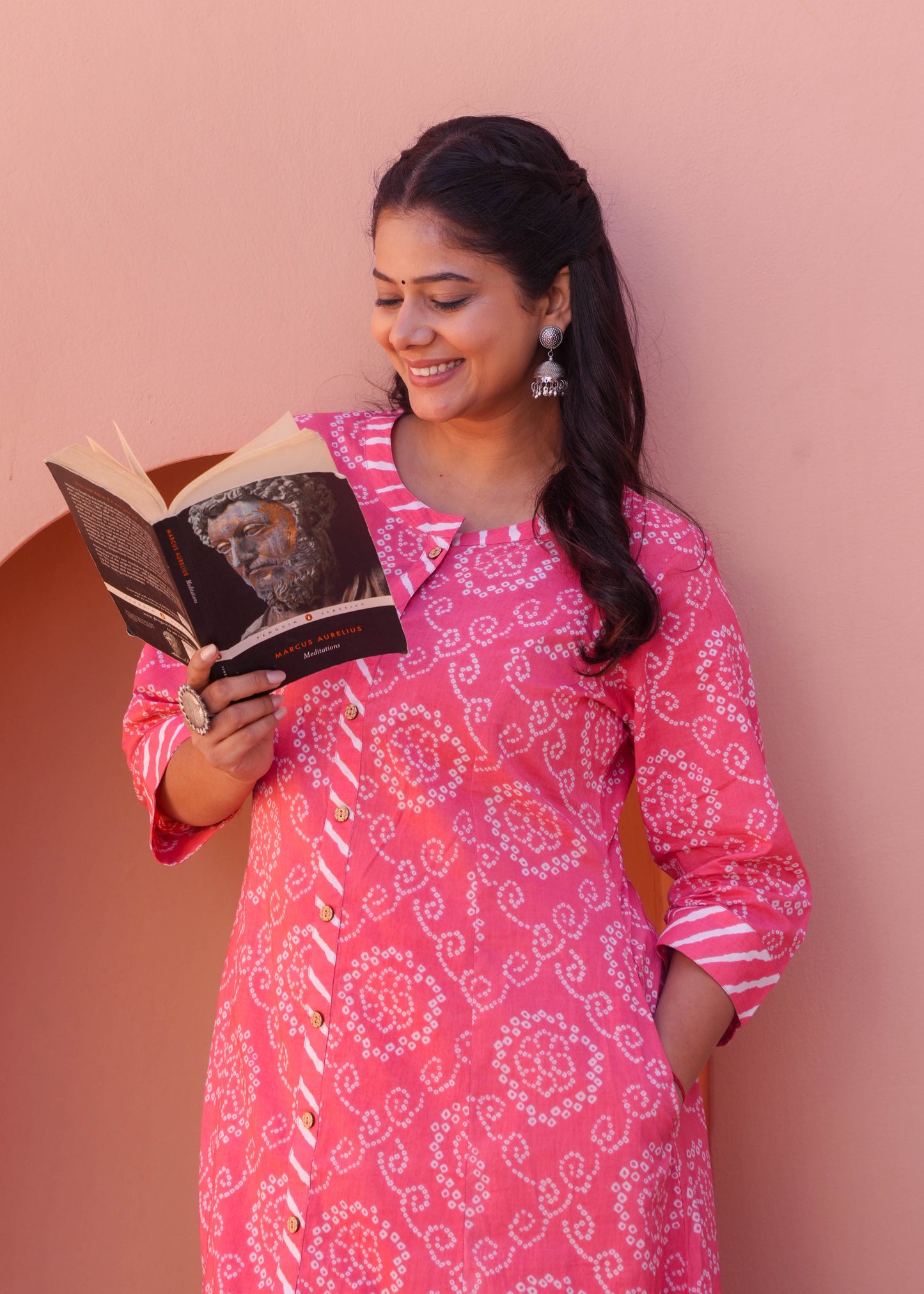 Embroidered Soft Cotton Bandhani Pink Kurta