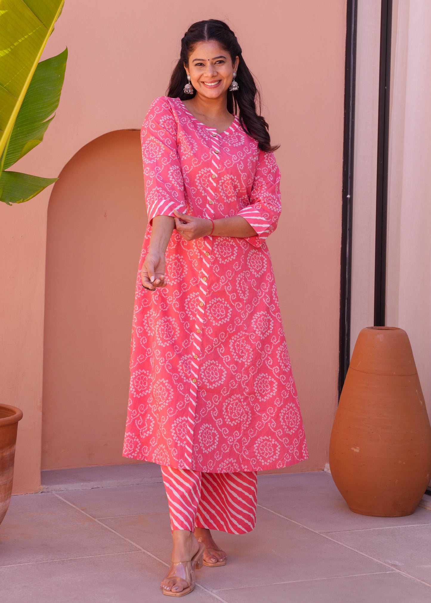 Embroidered Soft Cotton Bandhani Pink Kurta