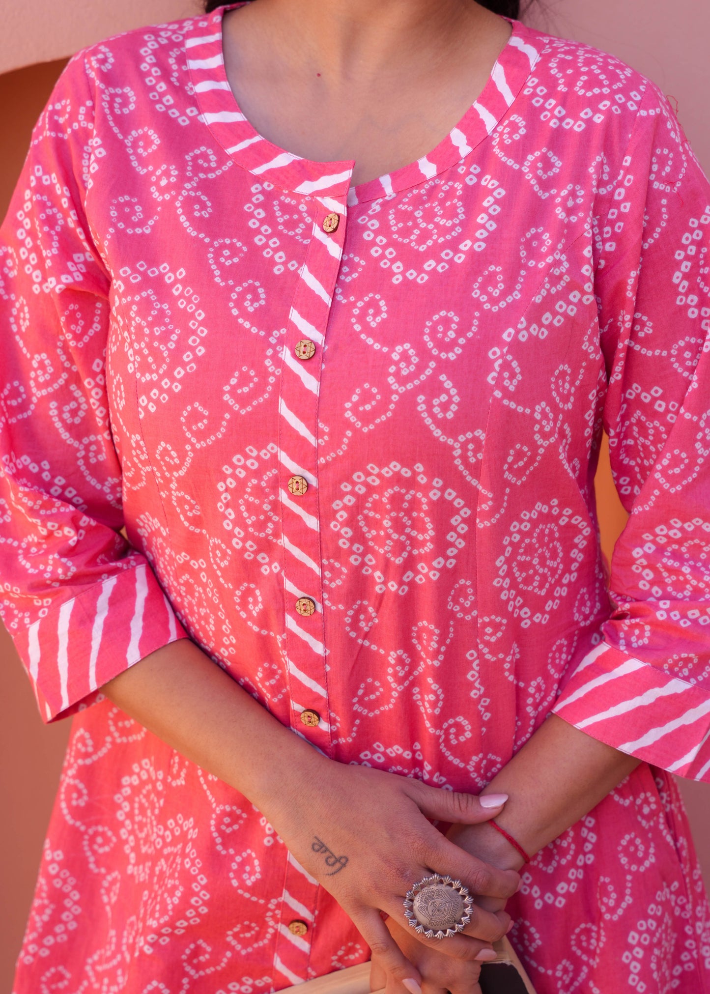 Embroidered Soft Cotton Bandhani Pink Kurta
