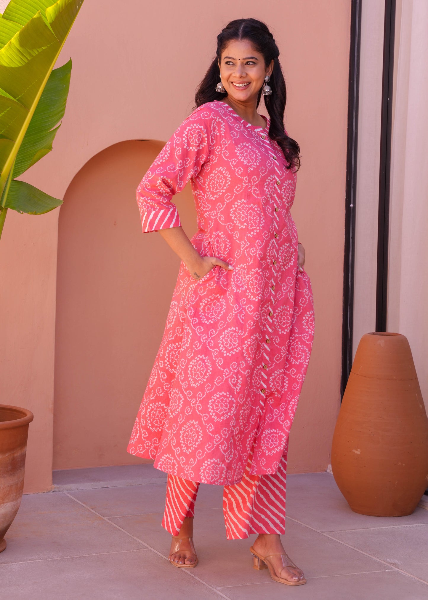Embroidered Soft Cotton Bandhani Pink Kurta