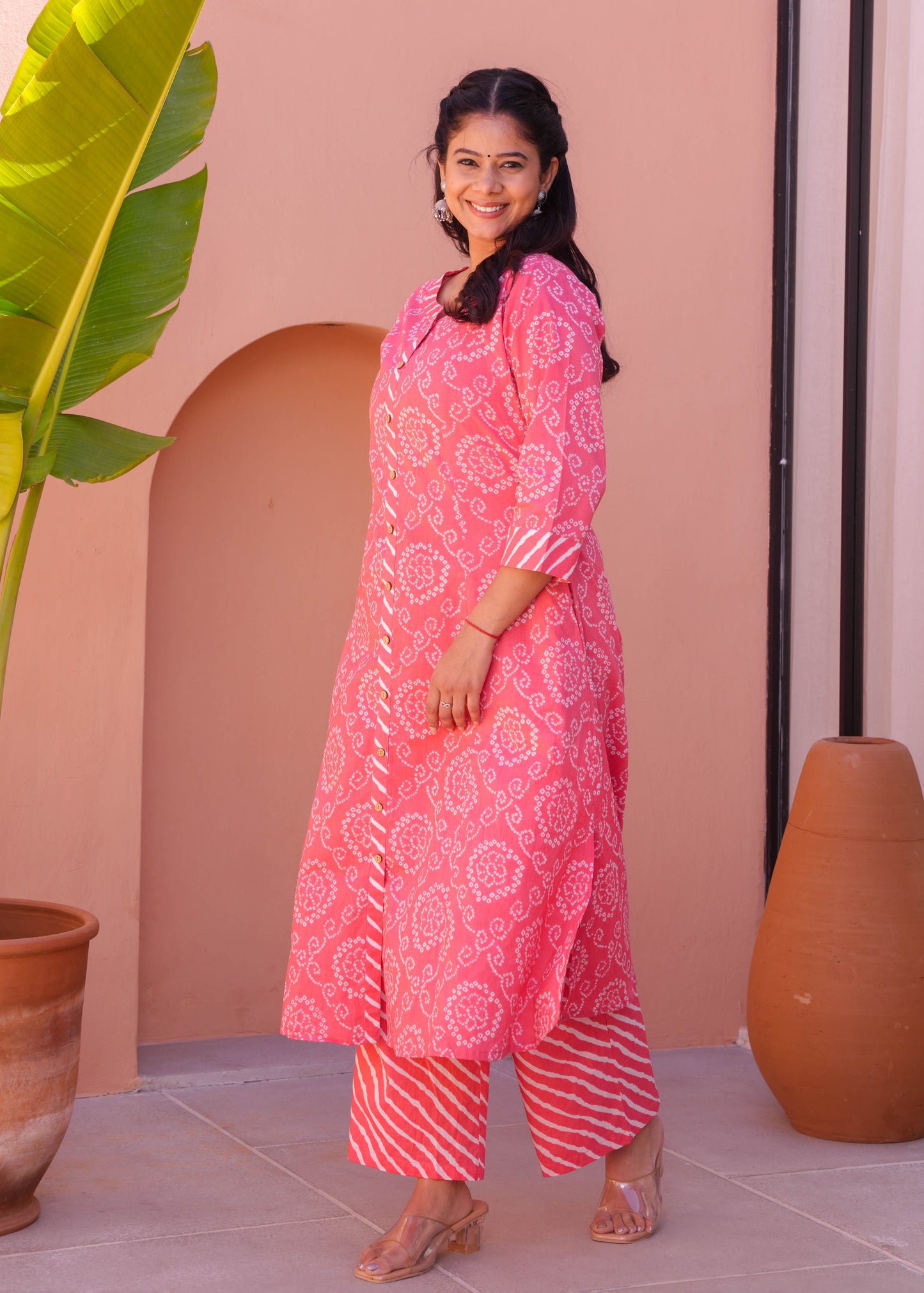 Embroidered Soft Cotton Bandhani Pink Kurta
