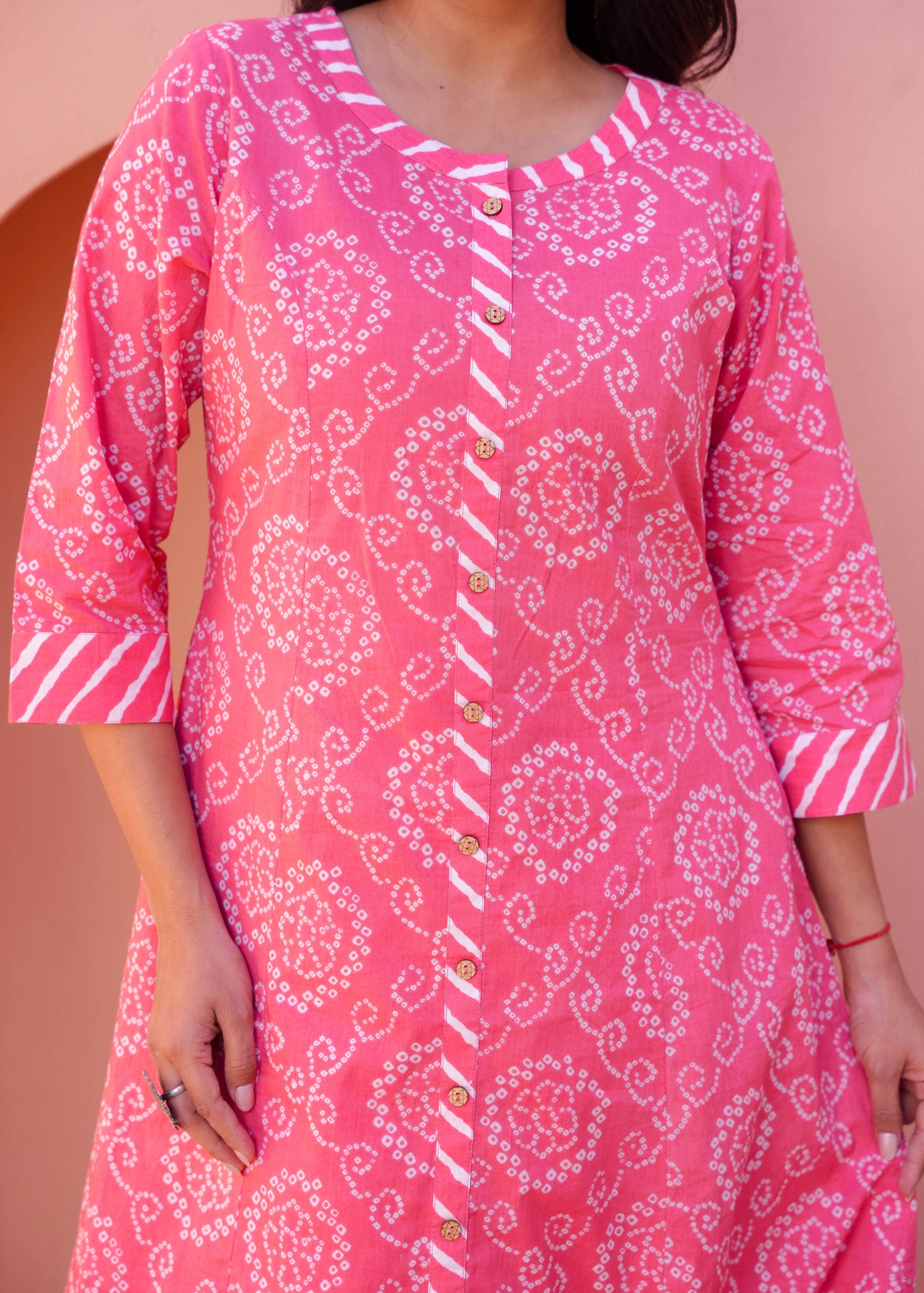 Embroidered Soft Cotton Bandhani Pink Kurta