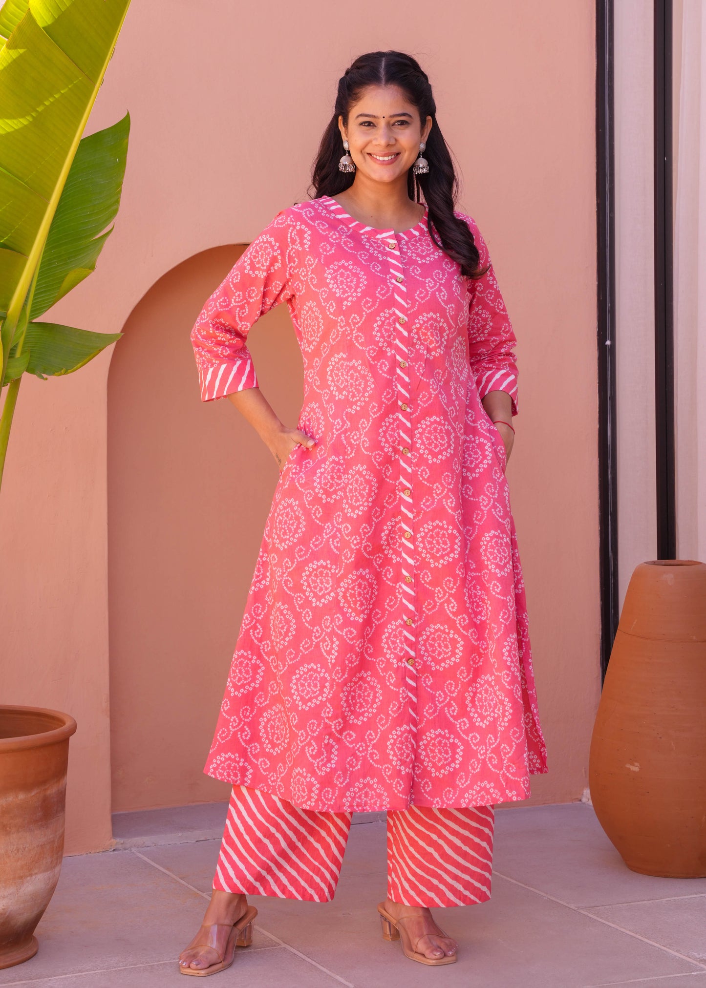 Embroidered Soft Cotton Bandhani Pink Kurta
