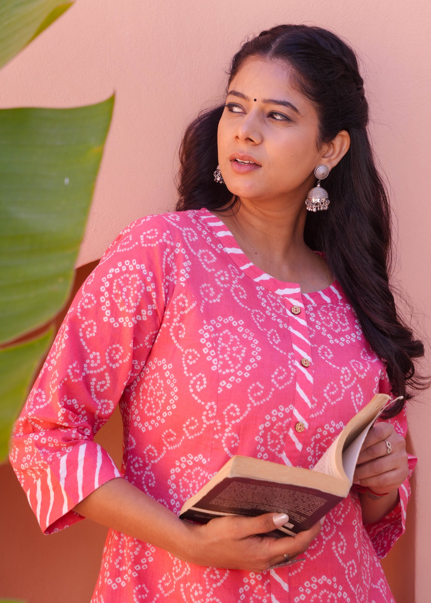 Embroidered Soft Cotton Bandhani Pink Kurta