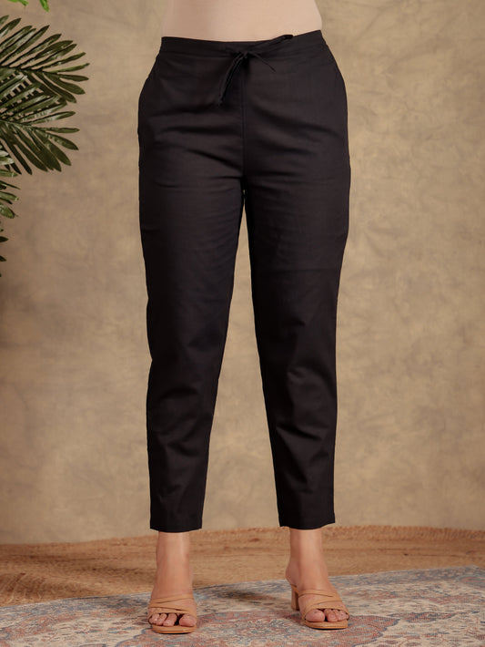 Natural Cotton Solid Black Tapered Trousers