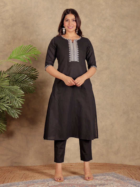 Natural Cotton Solid A-line Black Kurta