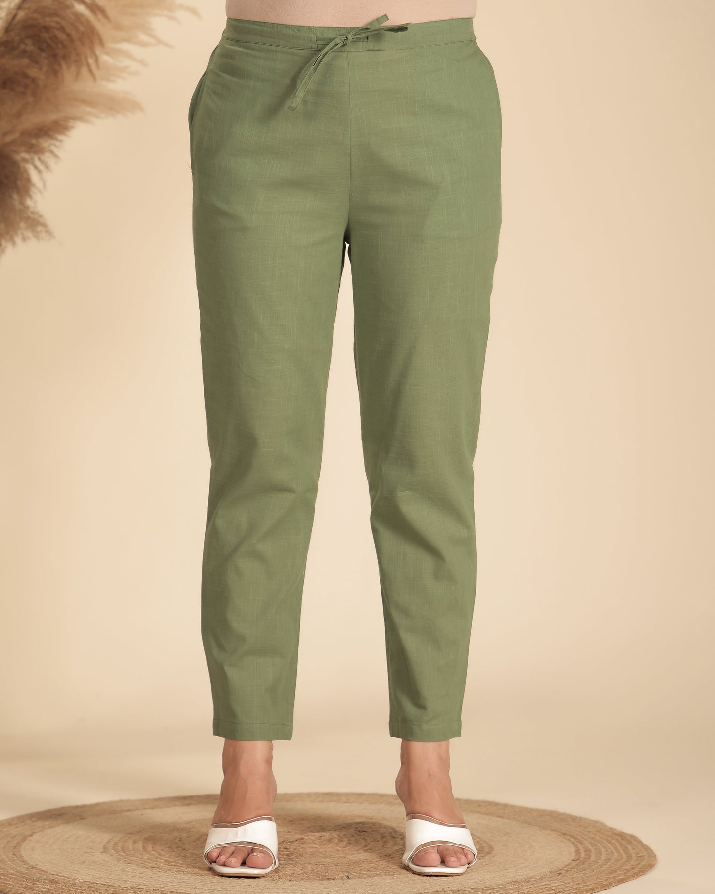 Natural Cotton Solid Green Tapered Trousers