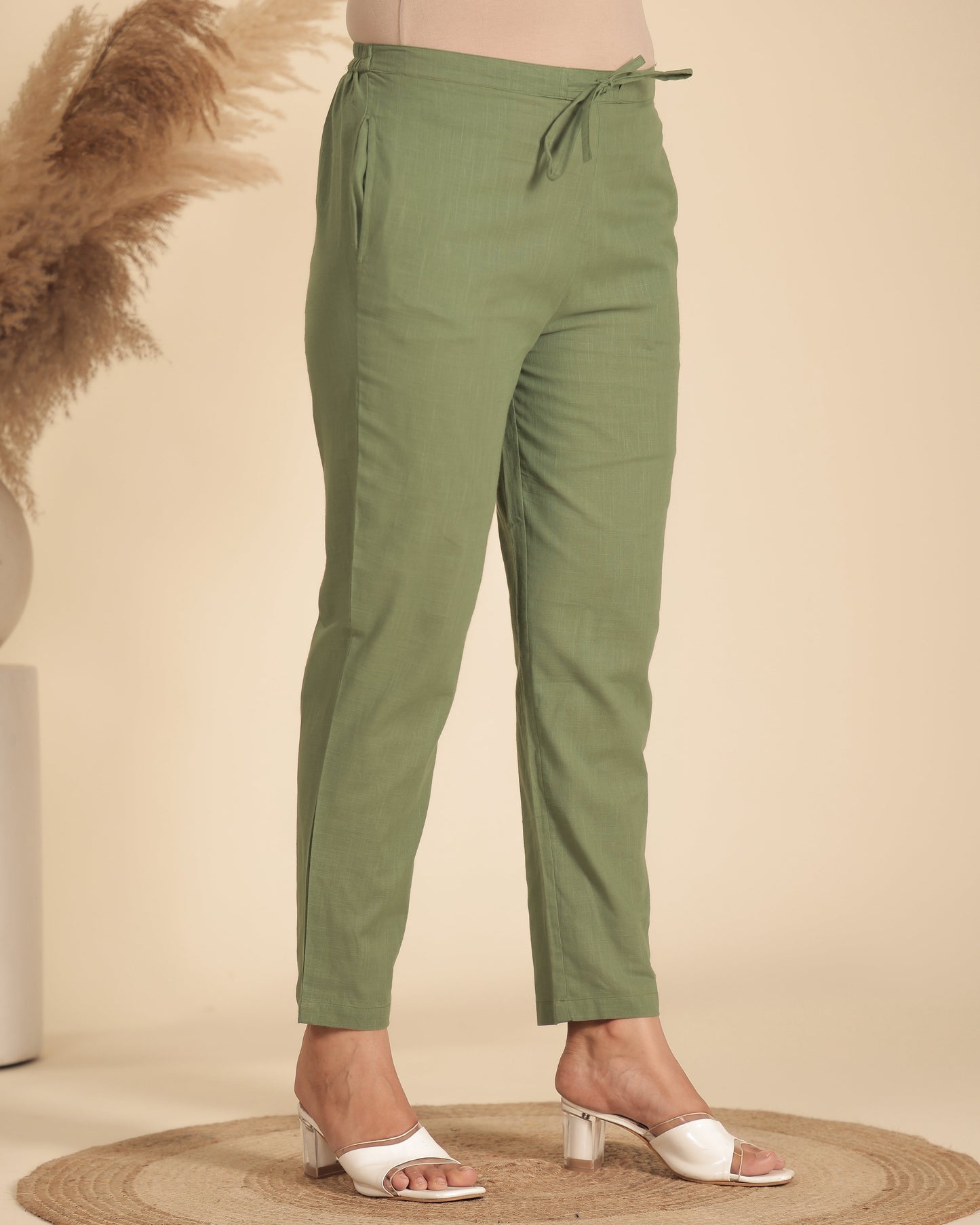Natural Cotton Solid Green Tapered Trousers