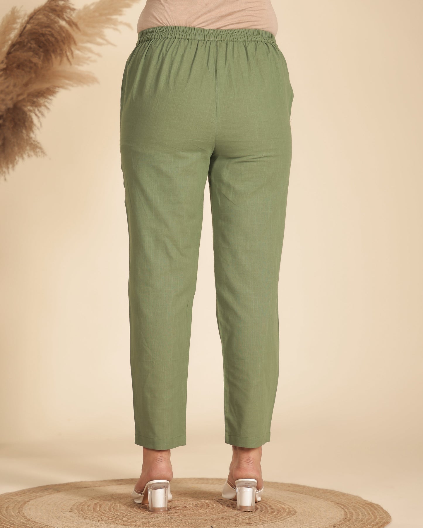 Natural Cotton Solid Green Tapered Trousers