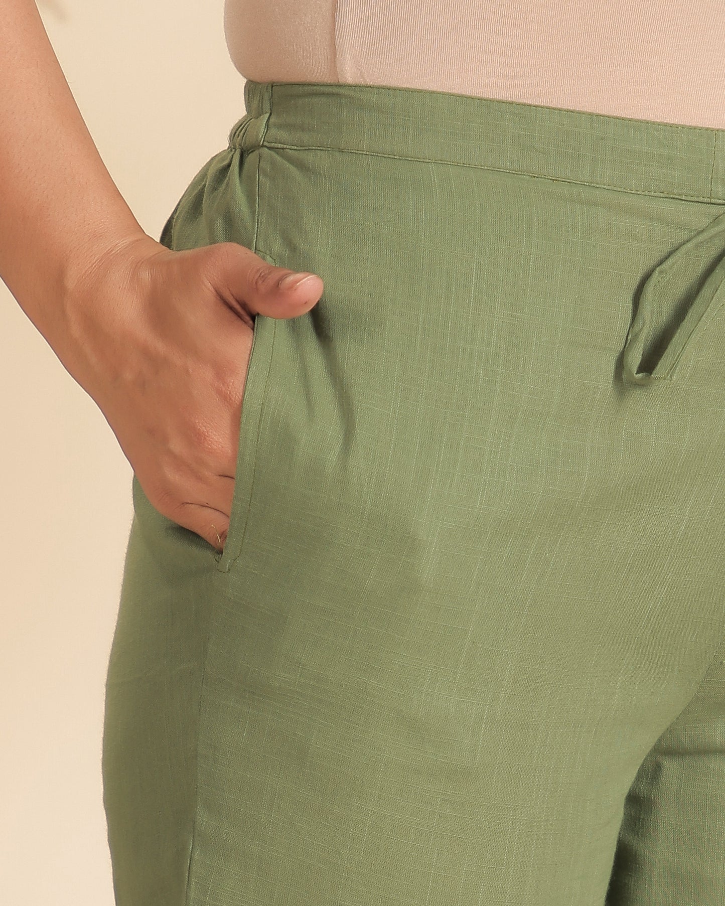Natural Cotton Solid Green Tapered Trousers