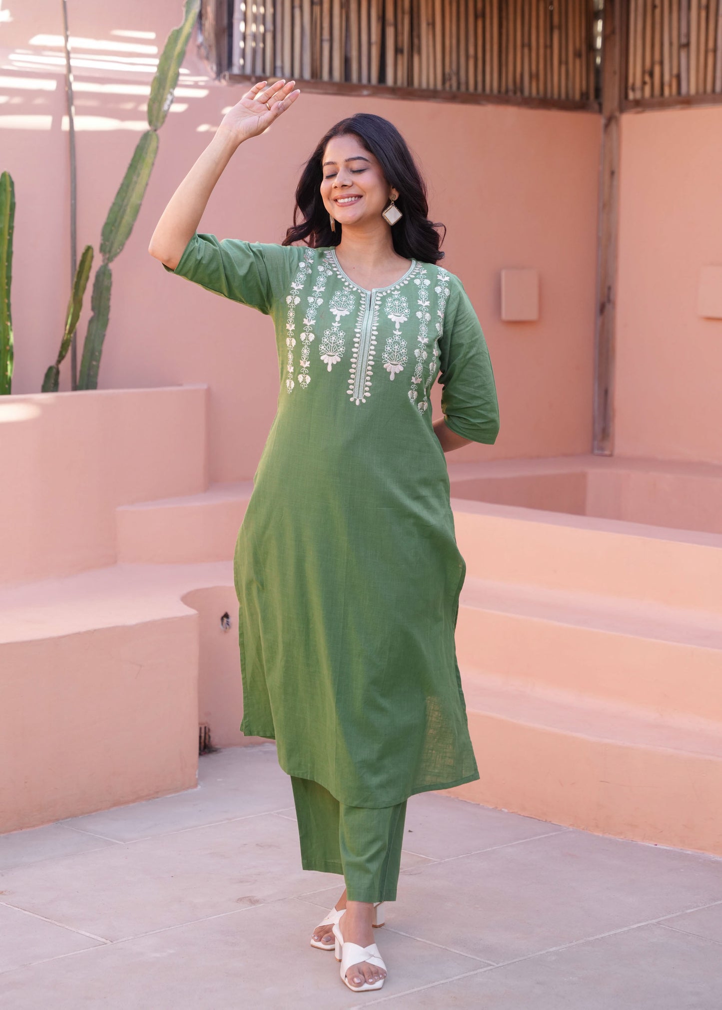 Embroidered Natural Cotton Solid A-line Green Kurta