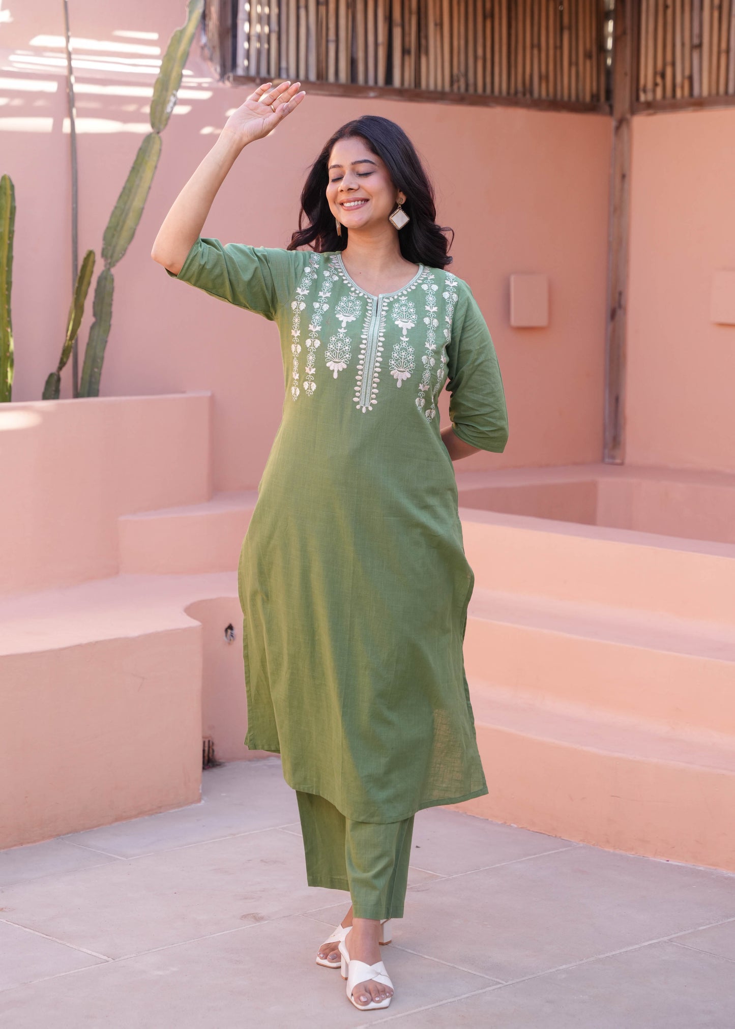 Embroidered Natural Cotton Solid A-line Green Kurta