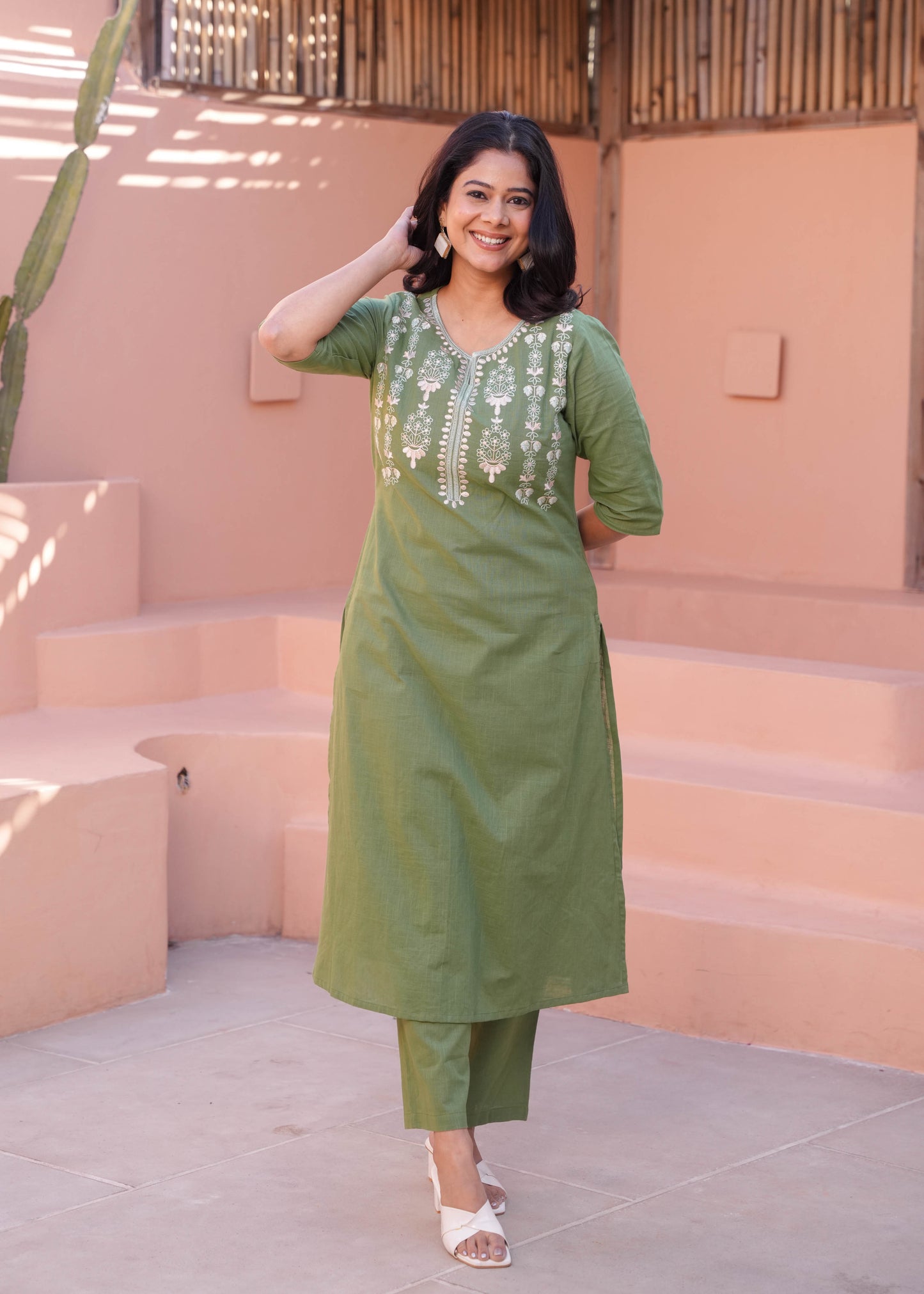Embroidered Natural Cotton Solid A-line Green Kurta
