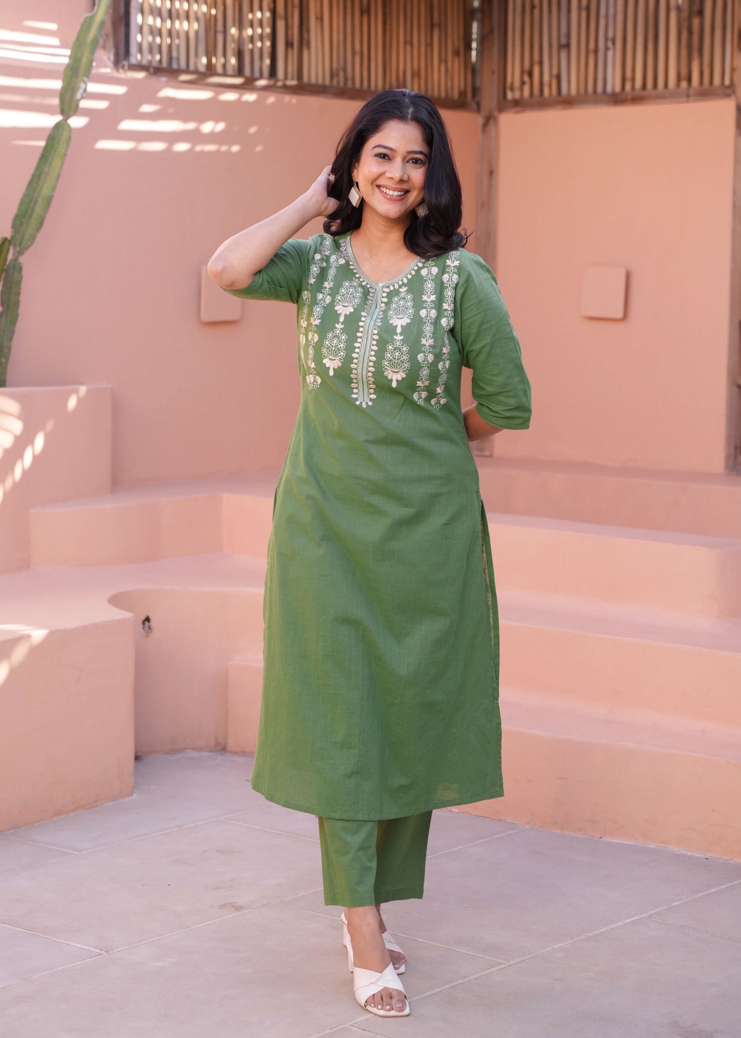 Embroidered Natural Cotton Solid A-line Green Kurta