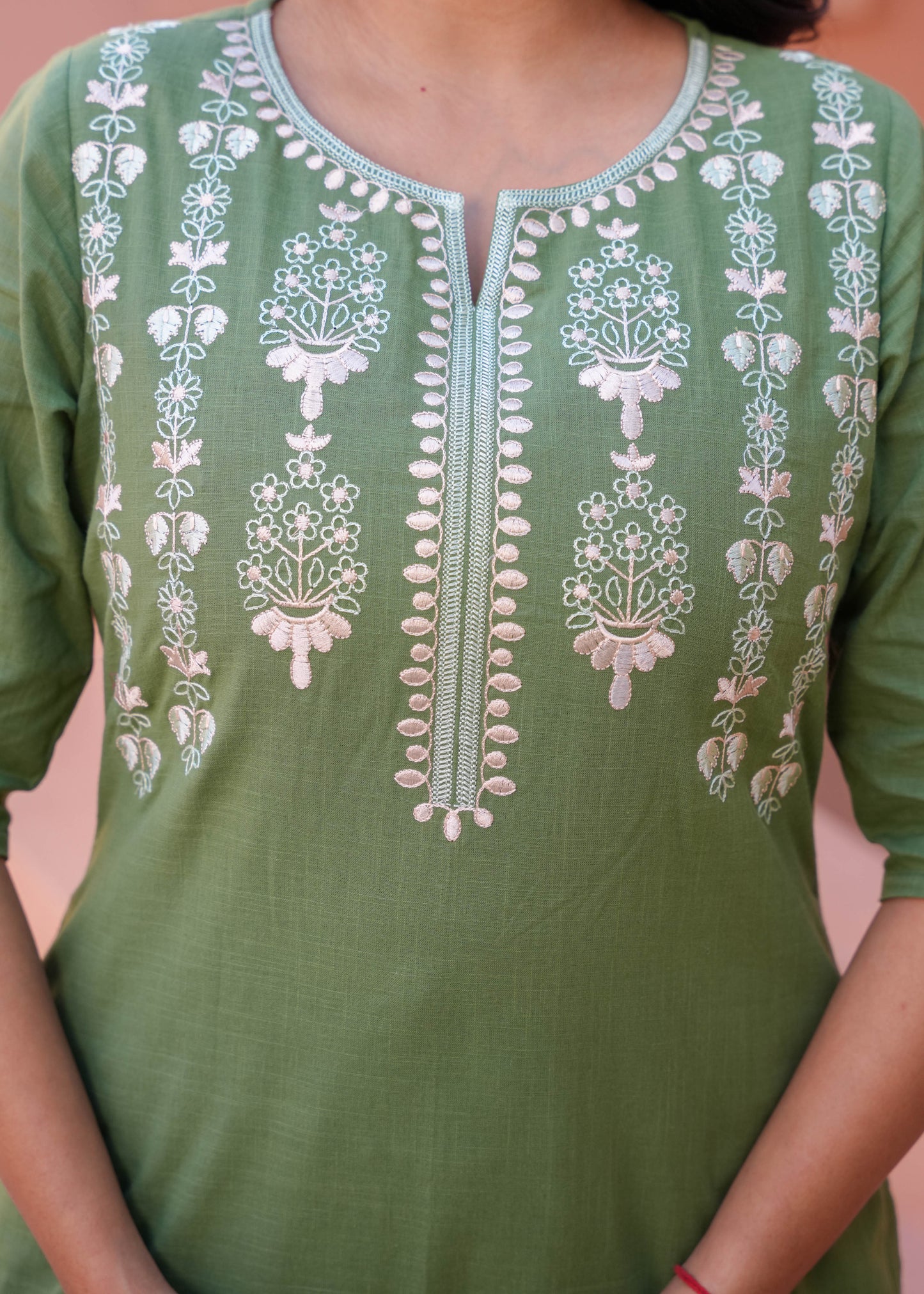 Embroidered Natural Cotton Solid A-line Green Kurta