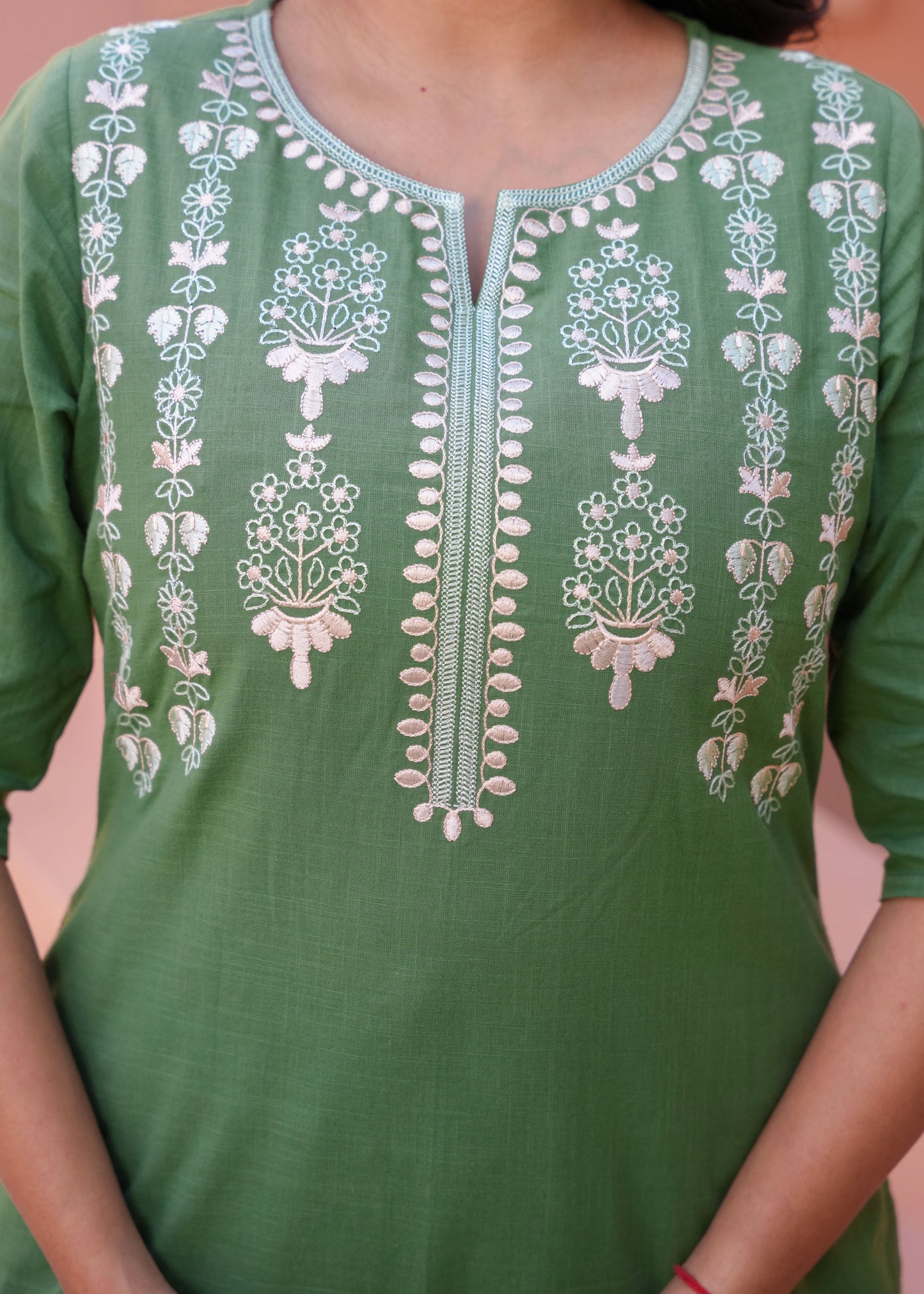 Embroidered Natural Cotton Solid A-line Green Kurta