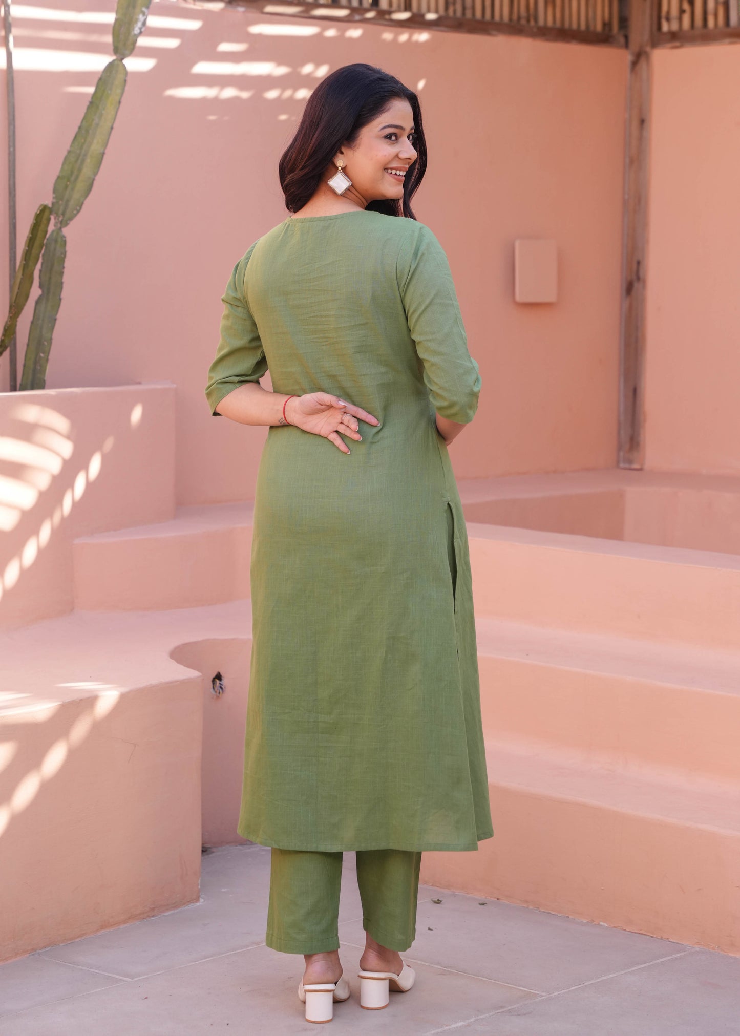 Embroidered Natural Cotton Solid A-line Green Kurta