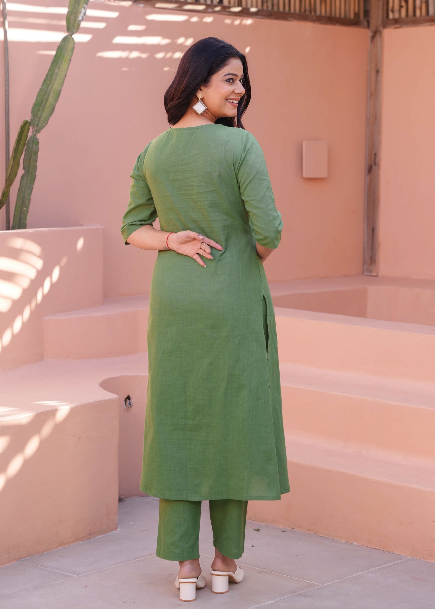 Embroidered Natural Cotton Solid A-line Green Kurta