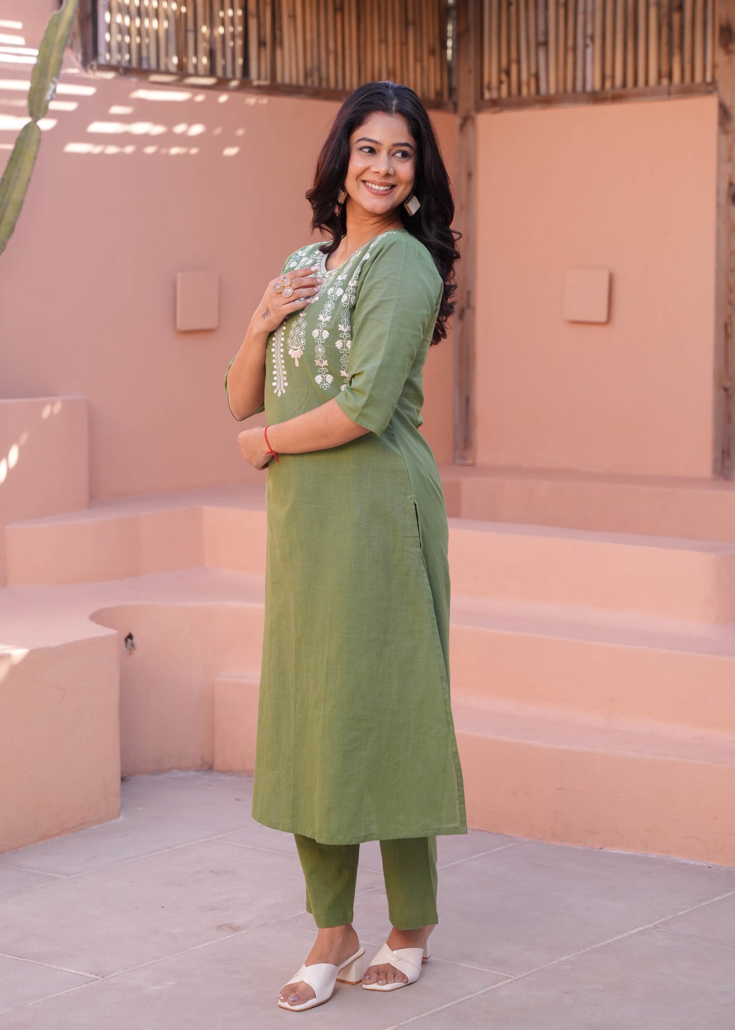 Embroidered Natural Cotton Solid A-line Green Kurta