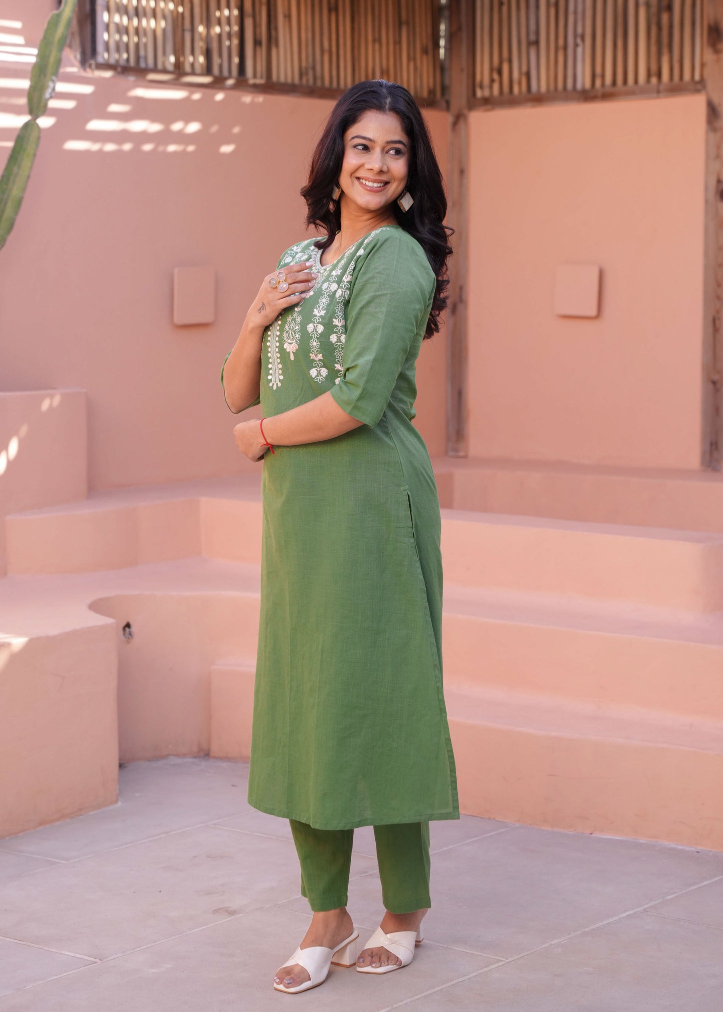 Embroidered Natural Cotton Solid A-line Green Kurta