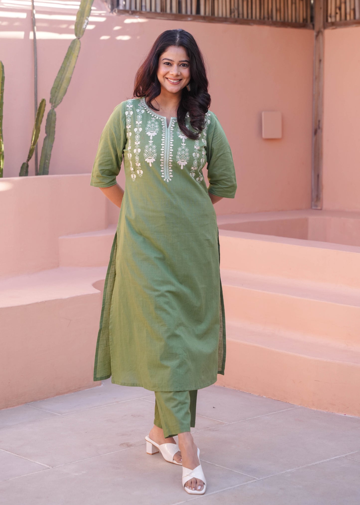 Embroidered Natural Cotton Solid A-line Green Kurta