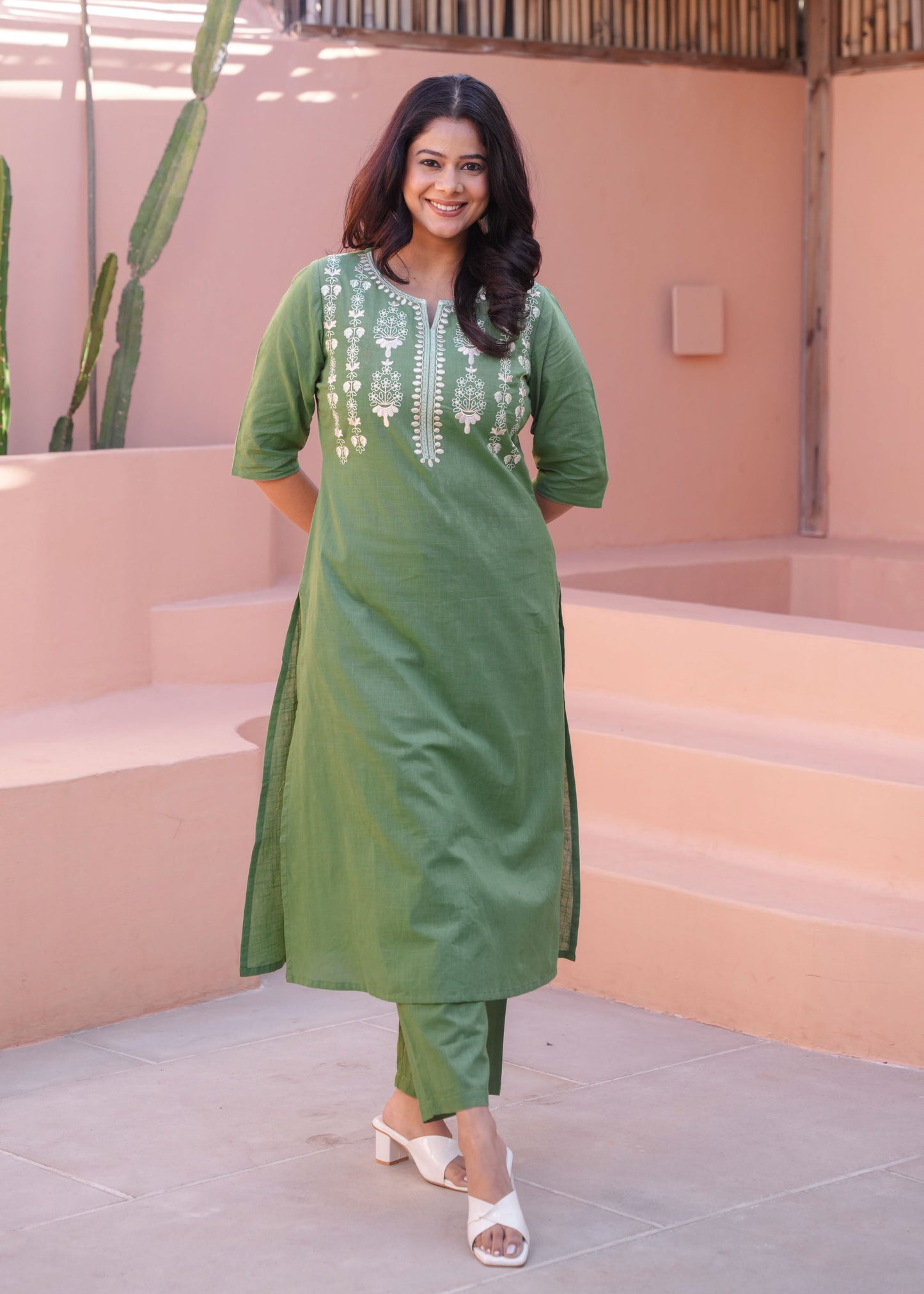 Embroidered Natural Cotton Solid A-line Green Kurta
